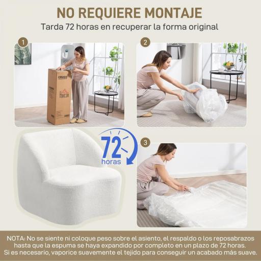 Sillón de Lectura Tapizado en Borreguito Diseño Curvo Acolchado Grueso No Requiere Montaje Crema [3]