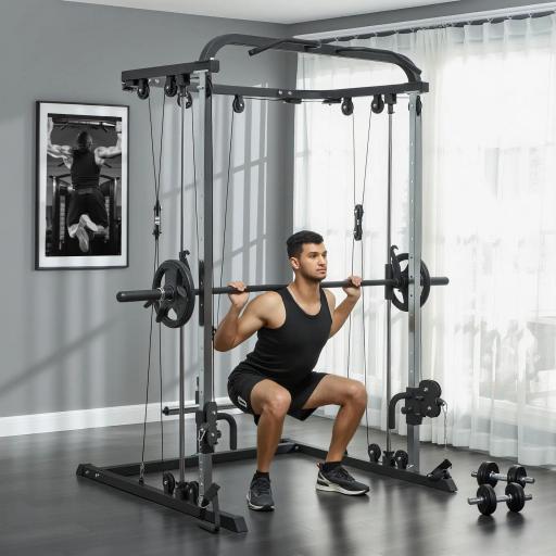 Máquina Multifunción de Musculación con Soporte para Sentadillas y Barra para Pesas para Entrenamiento Fitness Negro