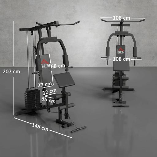 Multiestación Máquina de Musculación con Estribo para Piernas Poleas y Placas de Peso de 45 kg para Entrenamiento Fitness en Hogar Gimnasio 148x108x207 cm Negro [1]