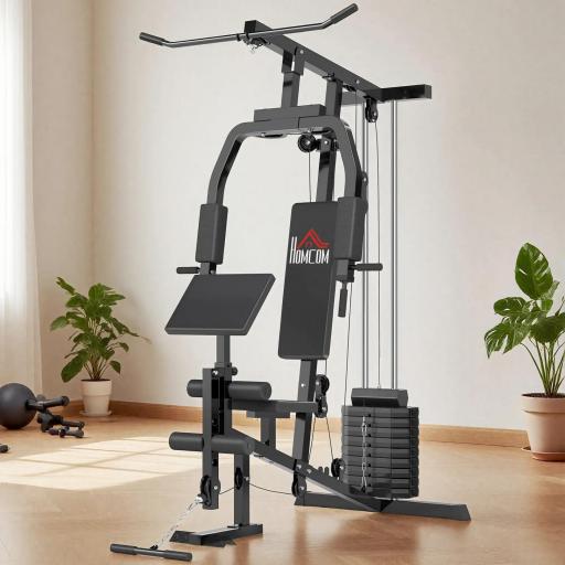 Multiestación Máquina de Musculación con Estribo para Piernas Poleas y Placas de Peso de 45 kg para Entrenamiento Fitness en Hogar Gimnasio 148x108x207 cm Negro [3]