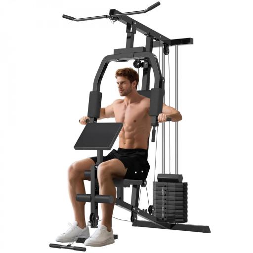 Multiestación Máquina de Musculación con Estribo para Piernas Poleas y Placas de Peso de 45 kg para Entrenamiento Fitness en Hogar Gimnasio 148x108x207 cm Negro [4]