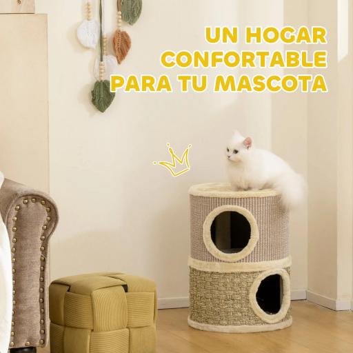 Barril Rascador para Gatos de 2 Niveles Altura 49 cm Tonel de Escalada con Cama Cubierto de Sisal Caqui y Café [2]