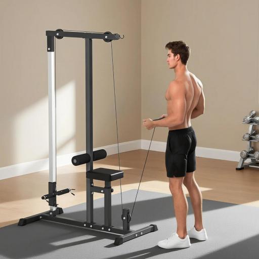 Máquina de Musculación Estación de Entrenamiento para Jalón al Pecho con Polea y Asiento Regulable para Entrenamiento en Gimnasio Hogar Oficina Carga Máx. 100 kg 107x120x190 cm Negro