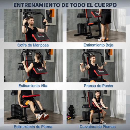 Máquina de Musculación con Placas de Peso de 65 kg Carga Max. 100 kg para Entrenamiento Fitness en Hogar Negro y Rojo [6]