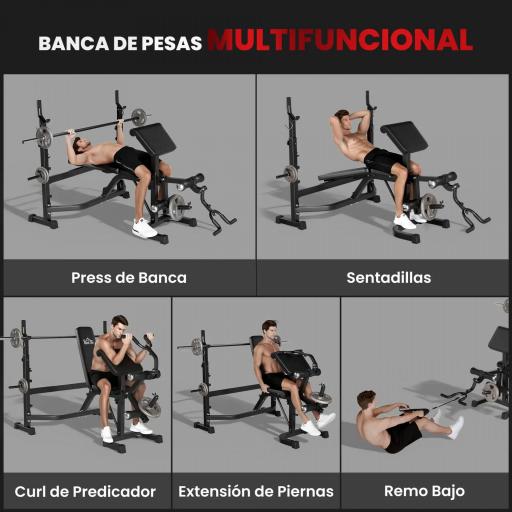 Banco de Musculación Multifuncional Banco de Pesas con Respaldo Inclinable y Soporte de Barras Altura Ajustable para Entrenamiento Cuerpo Completo Ginmasio Carga 300 kg 187x140x117-136 cm Negro [5]