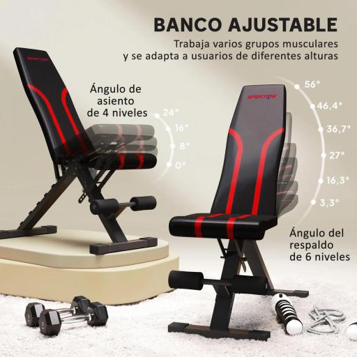 Banco de Musculación Ajustable Plegable con Respaldo y Asiento Regulables Estructura de Acero y Rodillos para Piernas [1]