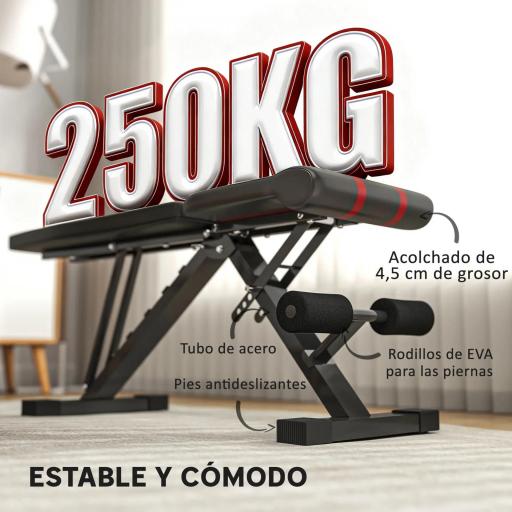 Banco de Musculación Ajustable Plegable con Respaldo y Asiento Regulables Estructura de Acero y Rodillos para Piernas [4]