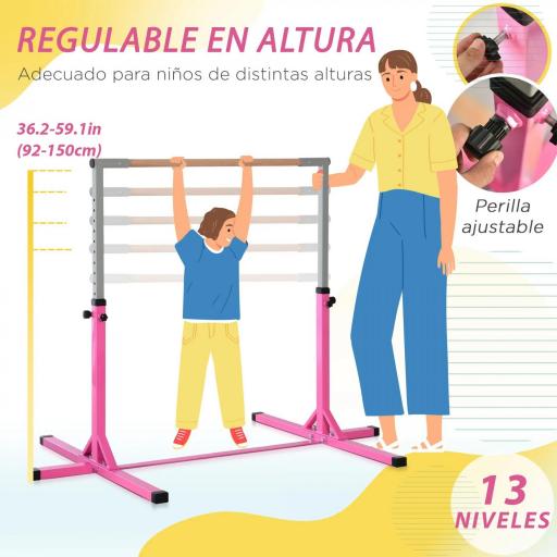 Barra de Gimnasia para Niños de +3 Años Barra de Entrenamiento Altura Ajustable 92-150 cm Carga 75 kg 194x121x150cm Rosa [4]
