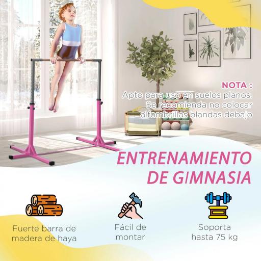 Barra de Gimnasia para Niños de +3 Años Barra de Entrenamiento Altura Ajustable 92-150 cm Carga 75 kg 194x121x150cm Rosa [2]