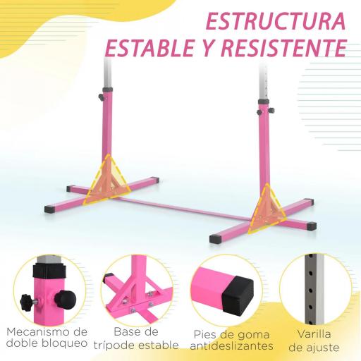 Barra de Gimnasia para Niños de +3 Años Barra de Entrenamiento Altura Ajustable 92-150 cm Carga 75 kg 194x121x150cm Rosa [3]
