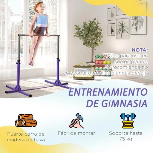 Barra de Gimnasia para Niños +3 Años Barra de Entrenamiento Altura Ajustable 92-150 cm Carga 75 kg 194x121x150cm Violeta  [3]