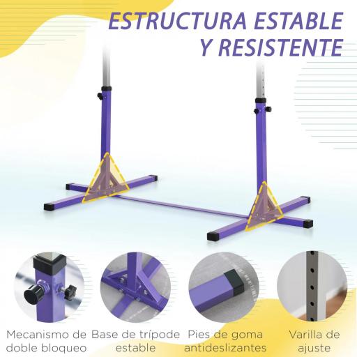 Barra de Gimnasia para Niños +3 Años Barra de Entrenamiento Altura Ajustable 92-150 cm Carga 75 kg 194x121x150cm Violeta  [4]