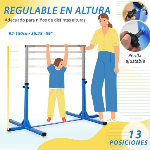 Barra de Gimnasia para Niños de +3 Años Barra de Entrenamiento Altura Ajustable 92-150 cm Carga 75 kg 194x121x150cm Azul [2]