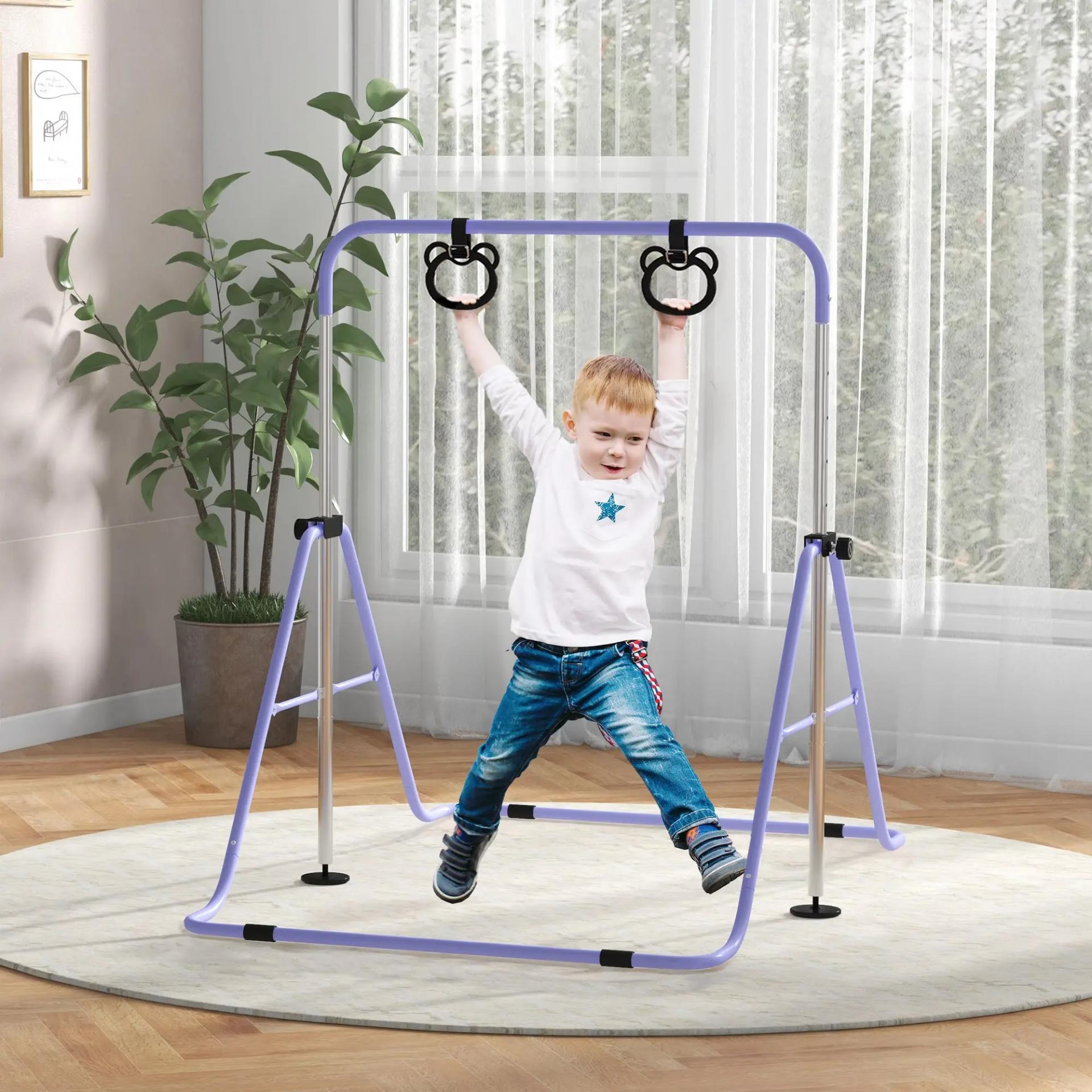 Barre de gymnastique para niños, barra horizontal plegable con altura ajustable y anillos de gimnasia, violeta