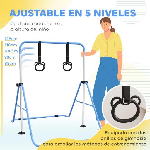 Barra de Gimnasia para Niños con Altura Ajustable en 5 Niveles y Anillos Entrenamiento de Gimnasia Plegable en Casa Azul [2]