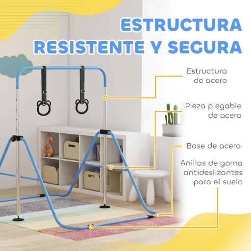 Barra de Gimnasia para Niños con Altura Ajustable en 5 Niveles y Anillos Entrenamiento de Gimnasia Plegable en Casa Azul [5]