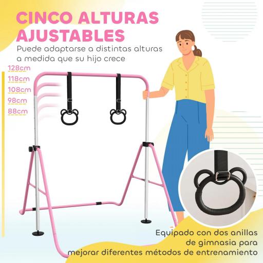 Barra de Gimnasia para Niños con Altura Ajustable en 5 Niveles y Anillos Entrenamiento de Gimnasia Plegable en Casa Rosa [5]