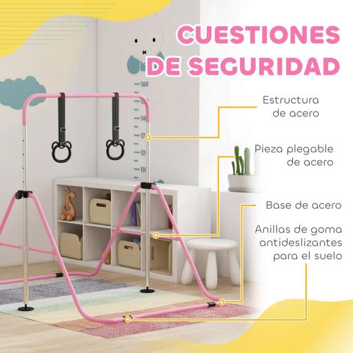 Barra de Gimnasia para Niños con Altura Ajustable en 5 Niveles y Anillos Entrenamiento de Gimnasia Plegable en Casa Rosa [1]