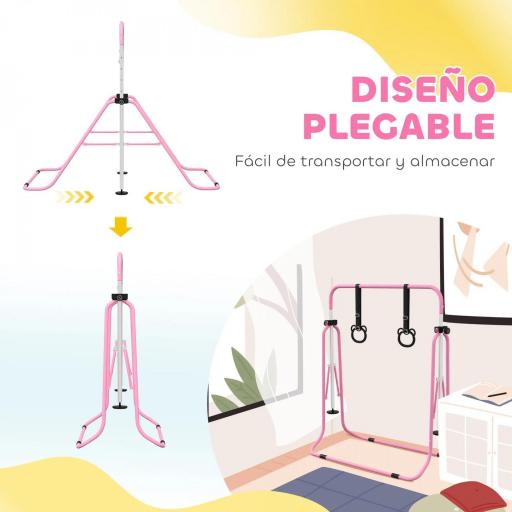 Barra de Gimnasia para Niños con Altura Ajustable en 5 Niveles y Anillos Entrenamiento de Gimnasia Plegable en Casa Rosa [2]
