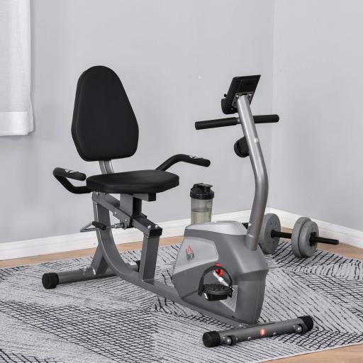 Bicicleta Estática Reclinada Resistencia Magnética de 8 Niveles Pantalla LCD con Pulsómetro Volante de Inercia de 3 kg Portabotellas Asiento Ajustable 121,5-para Casa 136x62,5x98 cm Gris