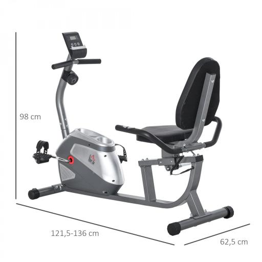 Bicicleta Estática Reclinada Resistencia Magnética de 8 Niveles Pantalla LCD con Pulsómetro Volante de Inercia de 3 kg Portabotellas Asiento Ajustable 121,5-para Casa 136x62,5x98 cm Gris [1]