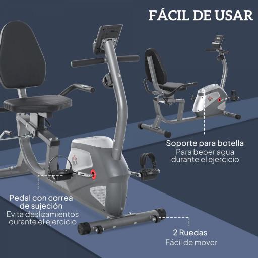 Bicicleta Estática Reclinada Resistencia Magnética de 8 Niveles Pantalla LCD con Pulsómetro Volante de Inercia de 3 kg Portabotellas Asiento Ajustable 121,5-para Casa 136x62,5x98 cm Gris [3]