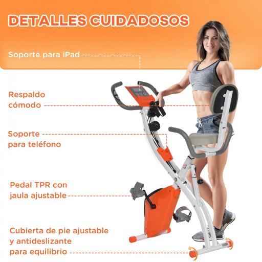 Bicicleta Estática Plegable Regulable en Altura Resistencia Magnética Ajustable Bici Estática con Pantalla LCD Asiento con Respaldo Sensor de Pulso Carga 120 kg para Casa 105x48x118 cm Naranja [2]