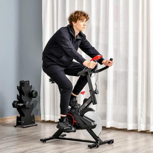 Bicicleta Estática Ciclo Indoor con Pantalla LCD Pulsómetro Sillín y Manillar Ajustables en Altura Volante de Inercia de 6 kg y Resistencia Regulable 85x46x114 cm Negro y Rojo