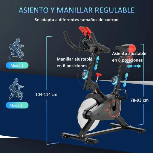 Bicicleta Estática Ciclo Indoor con Pantalla LCD Pulsómetro Sillín y Manillar Ajustables en Altura Volante de Inercia de 6 kg y Resistencia Regulable 85x46x114 cm Negro y Rojo [3]
