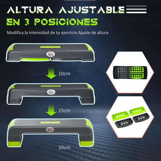 Plataforma Step para Deporte y Gimnasia con Altura Regulable en 10/15/20 cm Carga 150 kg 78x28x20 cm Gris y Verde [3]