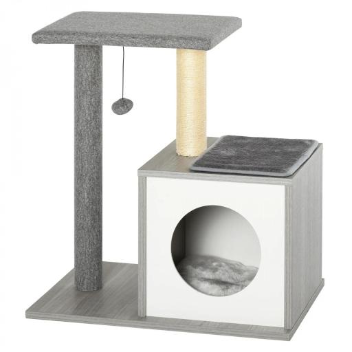 Árbol para Gatos 59x39x62 cm Rascador para Gatos de 3 Niveles con Plataformas Postes de Rascado Cueva de Madera Espaciosa Cojines Extraíbles Suaves Bola de Juguete Gris [9]