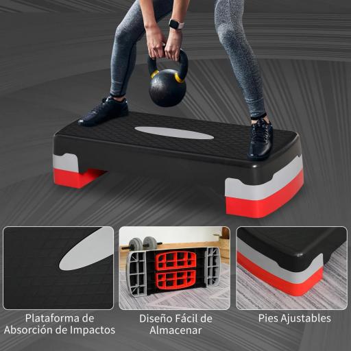 Step para Fitness Stepper Aeróbic Step de Aeróbic Antideslizante con Altura Regulable 2 Niveles de 10/15 cm Carga 150 kg para Ejercicio en Casa Gimnasio 68x29x15 cm Negro y Rojo [3]