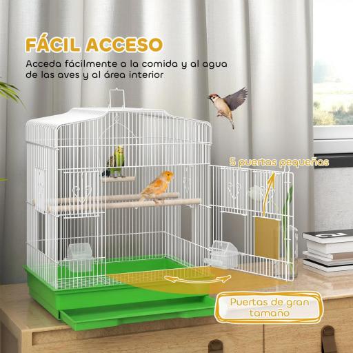 Jaula para Pájaros Pajarera de Acero con 2 Comederos 2 Perchas Columpio y Bandeja Extraíble Asa 46,5x36x59 cm Verde [1]
