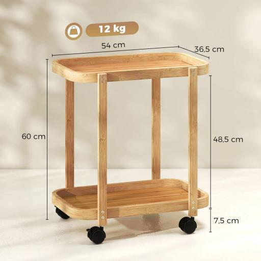 Carrito de Cocina de Bambú de 2 Niveles Carrito Auxiliar para Cocina con Ruedas 2 Estantes 54x36,5x60 cm Natural [1]