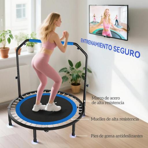 Trampolín de Fitness Adultos Ø122 cm, Cama Elástica Plegable con Mango Ajustable de 4 Niveles Negro y Azul [5]