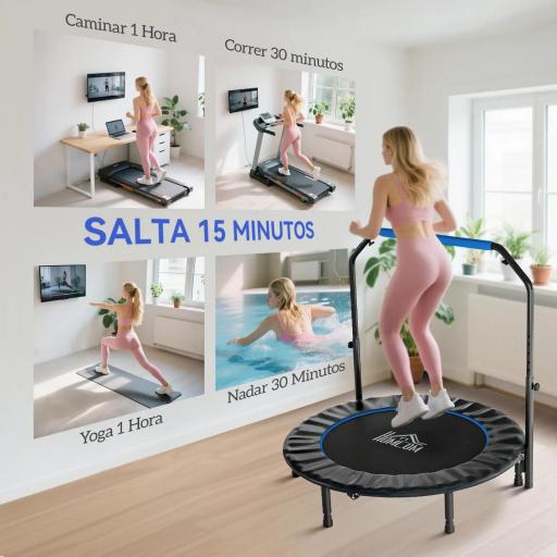 Trampolín de Fitness Adultos Ø122 cm, Cama Elástica Plegable con Mango Ajustable de 4 Niveles Negro y Azul [2]