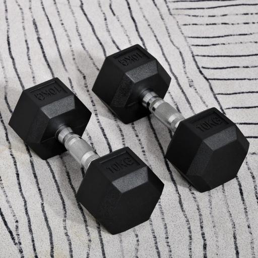 Juego de Mancuernas 2x10 kg con Barra de Conexión de Metal Cabeza Hexagonal para Entrenamiento en Casa Negro y Plata