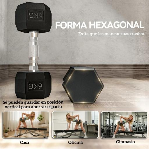 Juego de Mancuernas de 2x6kg con Barra de Conexión Metálica y Cabeza Hexagonal para Entrenamiento en Casa Negro y Plata [5]