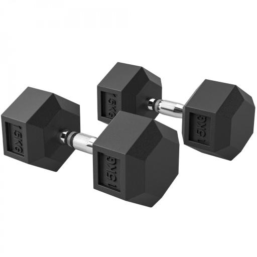 Set de 2 Mancuernas Hexagonales de 2 x 15 kg de Hierro Fundido Recubiertas en Goma para Entrenamiento en Casa Gimnasio [9]