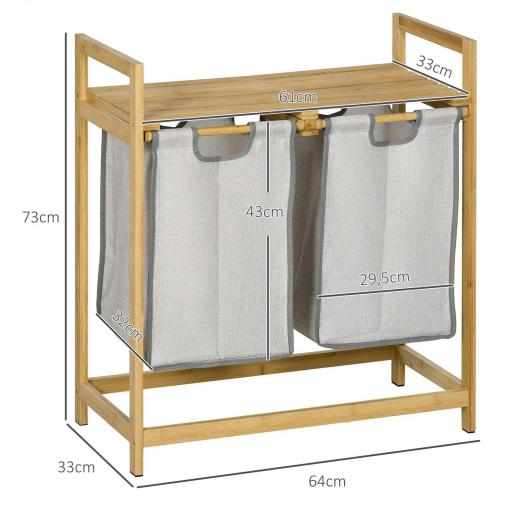 Cesto de la Ropa Sucia de Bambú con 2 Bolsas Extraíbles y Estante Carga 20kg 2x40,6L 64x33x73 cm Natural [1]