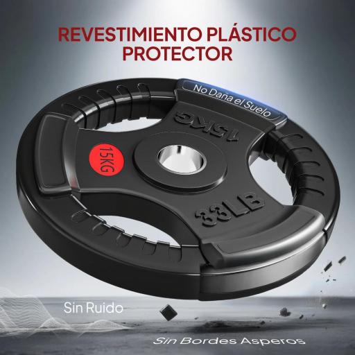 Discos Pesas Olímpicos Agujero Ø50 mm 2x15 kg con Anillo Interior de Acero Triple Agarre para Mancuernas y Barras Negro [1]