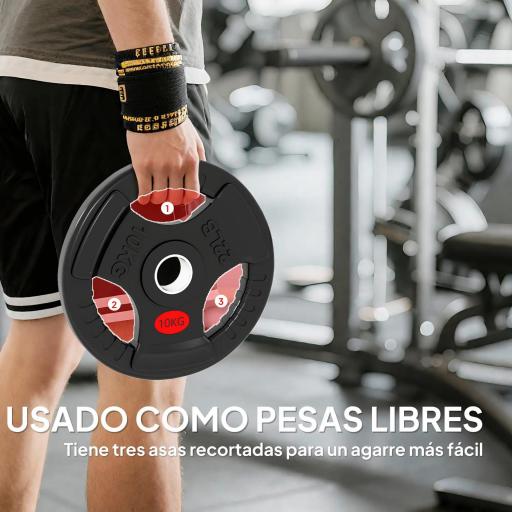 Discos Pesas Olímpicos Agujero Ø50 mm 2x10 kg con Anillo Interior de Acero Triple Agarre para Mancuernas y Barras Negro [2]