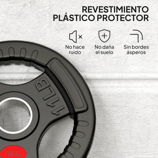 Discos Pesas Olímpicos Agujero Ø50 mm 2x5 kg con Anillo Interior de Acero y Triple Agarre para Mancuernas y Barras Negro [7]