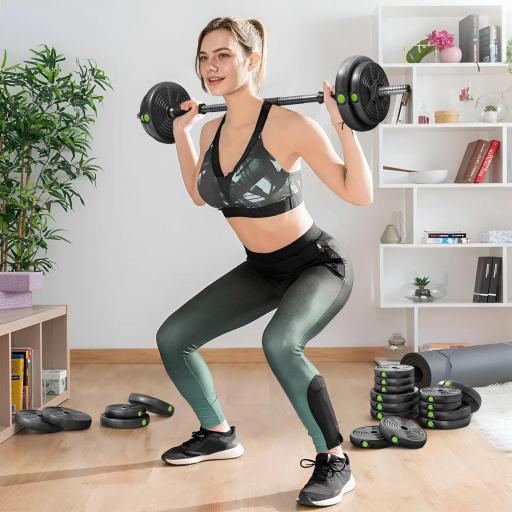 Kit de Mancuernas 30kg 2 en 1 con Barra de Pesas Mango Antideslizante para Entrenamiento de Fuerza Negro Verde