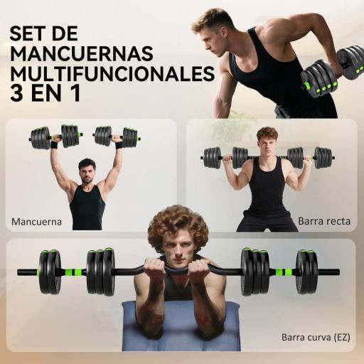 Juego de Mancuernas Ajustables 30 kg 3 en 1 con Barras de Conexión y Mangos Antideslizantes para Gimnasio en Casa Verde [3]