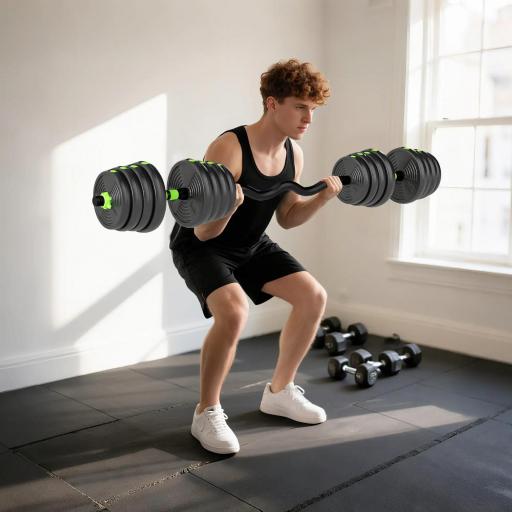 Juego de Mancuernas Ajustables 30 kg 3 en 1 con Barras de Conexión y Mangos Antideslizantes para Gimnasio en Casa Verde [7]