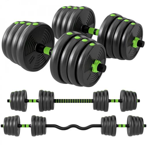 Juego de Mancuernas Ajustables 30 kg 3 en 1 con Barras de Conexión y Mangos Antideslizantes para Gimnasio en Casa Verde [8]