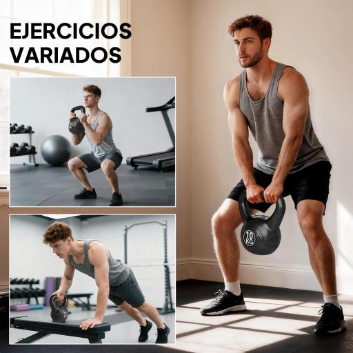Pesa Rusa de 10 kg Kettlebell Relleno de Arena con Mango Ancho Antideslizante para Entrenamiento 25x19x28 cm Negro [2]