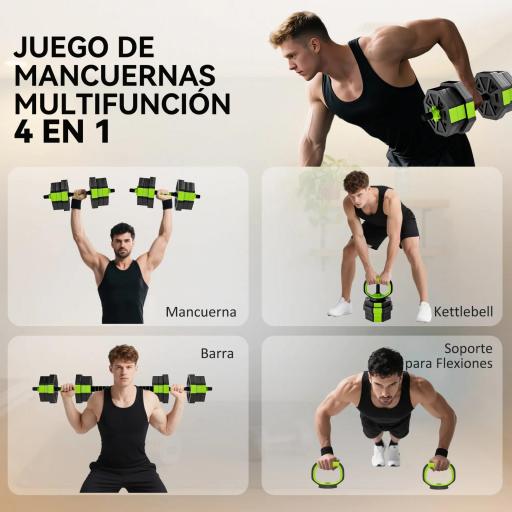 Juego de Mancuernas Ajustables 20 kg 4 en 1 como Kettlebell Barra Mancuernas Soporte para Flexiones para Gimnasio Casa [1]