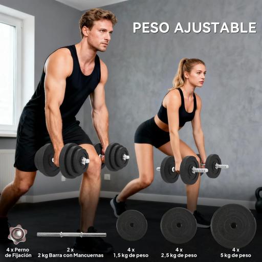 Juego de Mancuernas Pesas de Fitness Total 40 kg 4x5 kg 4x2,5 kg 4x1,5 kg Ajustable Profesionales Gimnasio Doméstico y Musculación con 2 Barras Ø25x450 mm Acero y Discos [2]